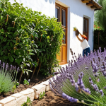 **

A vibrant, sun-drenched edible garden scene. In the foreground, thriving lavender bushes perfume the air, buzzing with bees. Ripe raspberries hang heavy on their canes, protected by netting. In the background, a classic Spanish-style whitewashed wall creates a warm microclimate. A woman with gardening gloves is pruning the lavender, her face serene and content. Focus on the colors of nature and the tranquility of a home garden (huerta familiar).

**