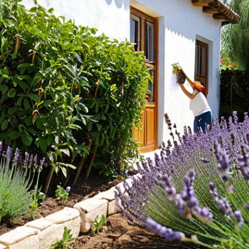 Home 15 **
A vibrant, sun-drenched edible garden scene. In the foreground, thriving lavender bushes perfume the air, buzzing with bees. Ripe raspberries hang heavy on their canes, protected by netting. In the background, a classic Spanish-style whitewashed wall creates a warm microclimate. A woman with gardening gloves is pruning the lavender, her face serene and content. Focus on the colors of nature and the tranquility of a home garden (huerta familiar).
**