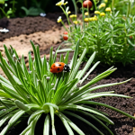 **Prompt 1: Ecological Harmony in a Perennial Garden**
    A vibrant, close-up shot of a thriving perennial edible garden, illustrating its ecological benefits. Focus on healthy, dark soil with visible roots penetrating deep, suggesting improved soil structure and water retention. Dew drops or gentle rain clinging to lush leaves. Bees, butterflies, and ladybugs are actively pollinating and exploring diverse flowering herbs like rosemary and lavender, alongside strawberries acting as ground cover. The scene should evoke a sense of life, sustainability, and nature's resilience, bathed in warm, natural light.