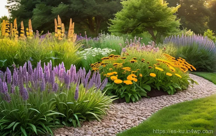 정원에서 다년생 식물의 기후 적응 전략 - **A Thriving, Biodiverse Perennial Garden in the Golden Hour**
A vibrant, lush perennial garden ...