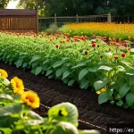 Home 15 다년생 식용 정원에서의 자연 방제 방법 - A vibrant perennial edible garden scene featuring strategic companion planting: rows of strawberry p...