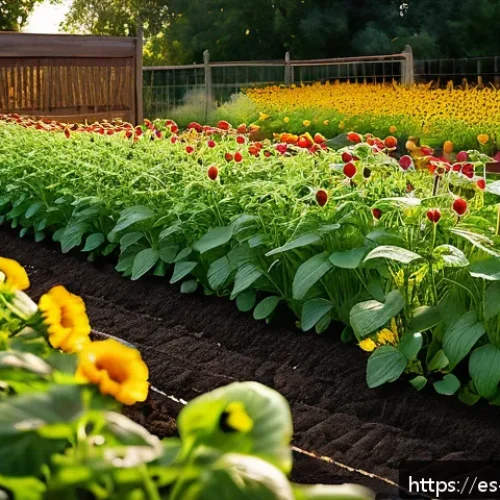 Home 9 다년생 식용 정원에서의 자연 방제 방법 - A vibrant perennial edible garden scene featuring strategic companion planting: rows of strawberry p...