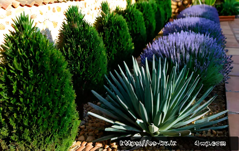 정원에서 다년생 식용 식물의 심미적 요소 - Photorealistic Spanish Mediterranean garden featuring an elegant perennial edible planting border, a...